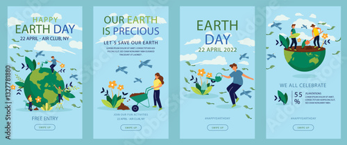 Earth Day celebration poster featuring a cheerful, surrounded by lush green leaves. The text emphasizes environmental care and marks April 22nd as Earth Day. 