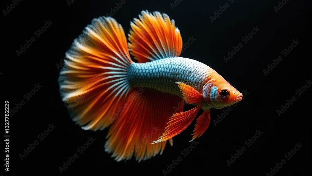 Fototapeta premium Betta Siamese fighting fish, a popular aquarium fish. Large-eared Dumbo golden yellow glossy half-moon long-tail Betta in motion, face isolated on black.