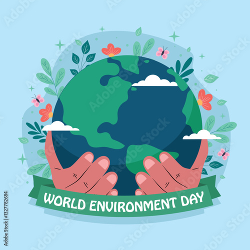 Earth Day celebration poster featuring a cheerful, surrounded by lush green leaves. The text emphasizes environmental care and marks April 22nd as Earth Day. 