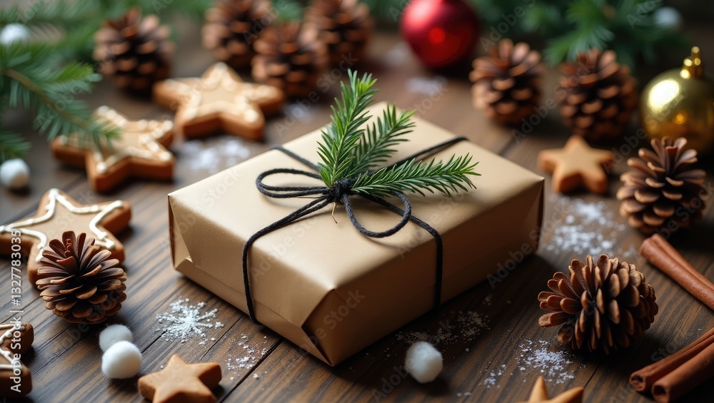 Stylish rustic gift box decorated with a cedar branch on a wooden table, accompanied by pine cones, gingerbread cookies, cotton, and cinnamon. Stylish rustic gift box decorated with a cedar branch on a wooden table, accompanied by pine cones, gingerbread cookies, cotton, and cinnamon.