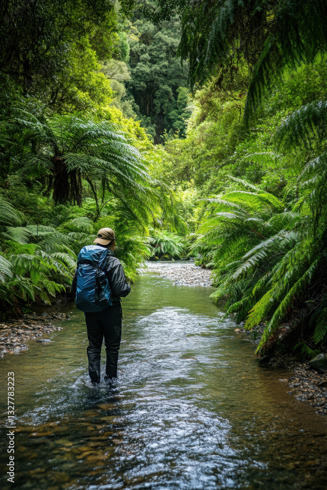 Person with a backpack wades through a lush green forest stream, surrounded by dense ferns and vibrant foliage, embracing nature's tranquility and beauty. Person with a backpack wades through a lush green forest stream, surrounded by dense ferns and vibrant foliage, embracing nature's tranquility and beauty.