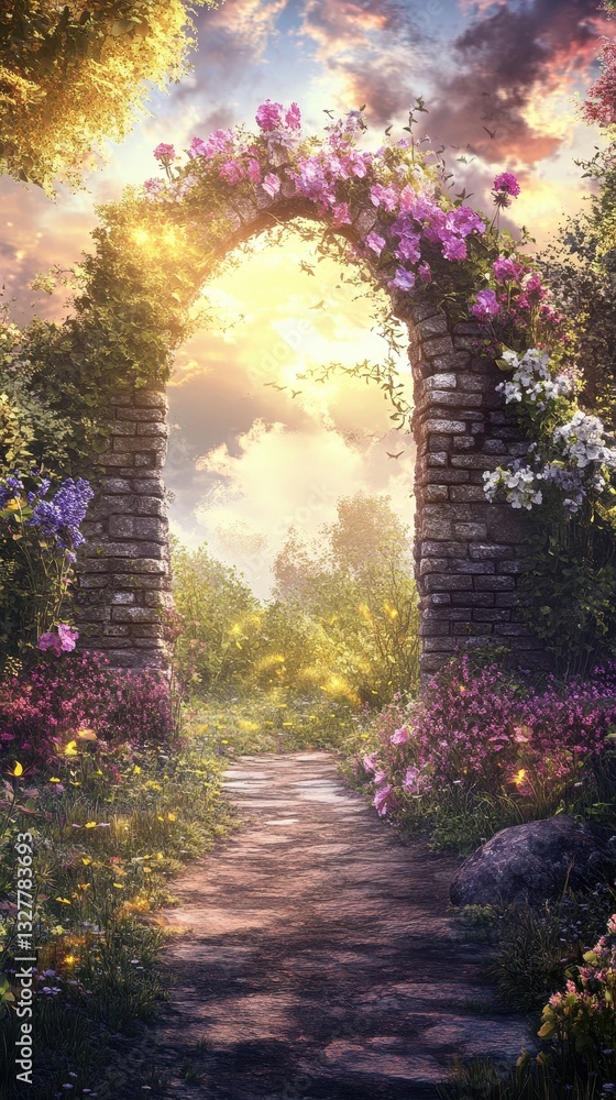 Fototapeta premium A stone archway blooming with flowers leading into a garden