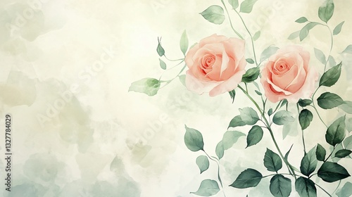 A delicate watercolor painting featuring soft pink roses and lush green leaves against a light, dreamy background.