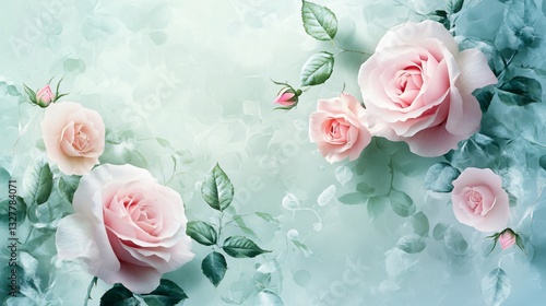 A serene arrangement of pink roses with lush green leaves against a soft, ethereal background.