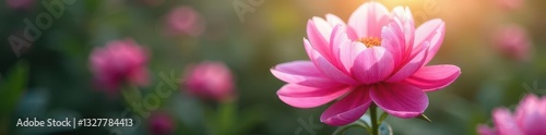 Soft pink peony blossoms, lush petals, blurred background, vibrant, gentle