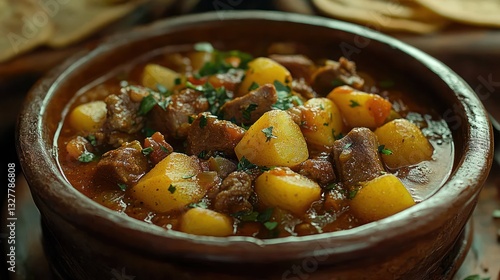 spicy green chile stew, the iconic dish of New Mexico. The stew is filled with tender pork, potatoes, and roasted green chiles, served with warm tortillas. 