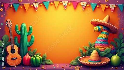 Colorful cinco de mayo celebration with guitar, cactus, sombrero, and piñata on bright orange background representing mexican culture