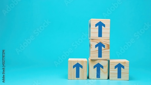Tower of blocks with arrows. Concept of business growth and development. Achieving success. Building career progression, enhancing skills. Goal accomplishment. Progress and advancement. Self-improv...