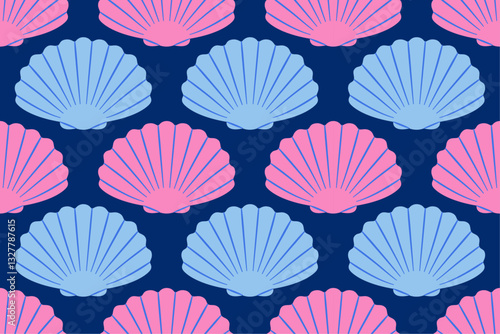 Seamless pattern with sea shells Hand drawn trendy flat style seashell. Tropical beach shells. Summer seamless pattern. Vector illustration