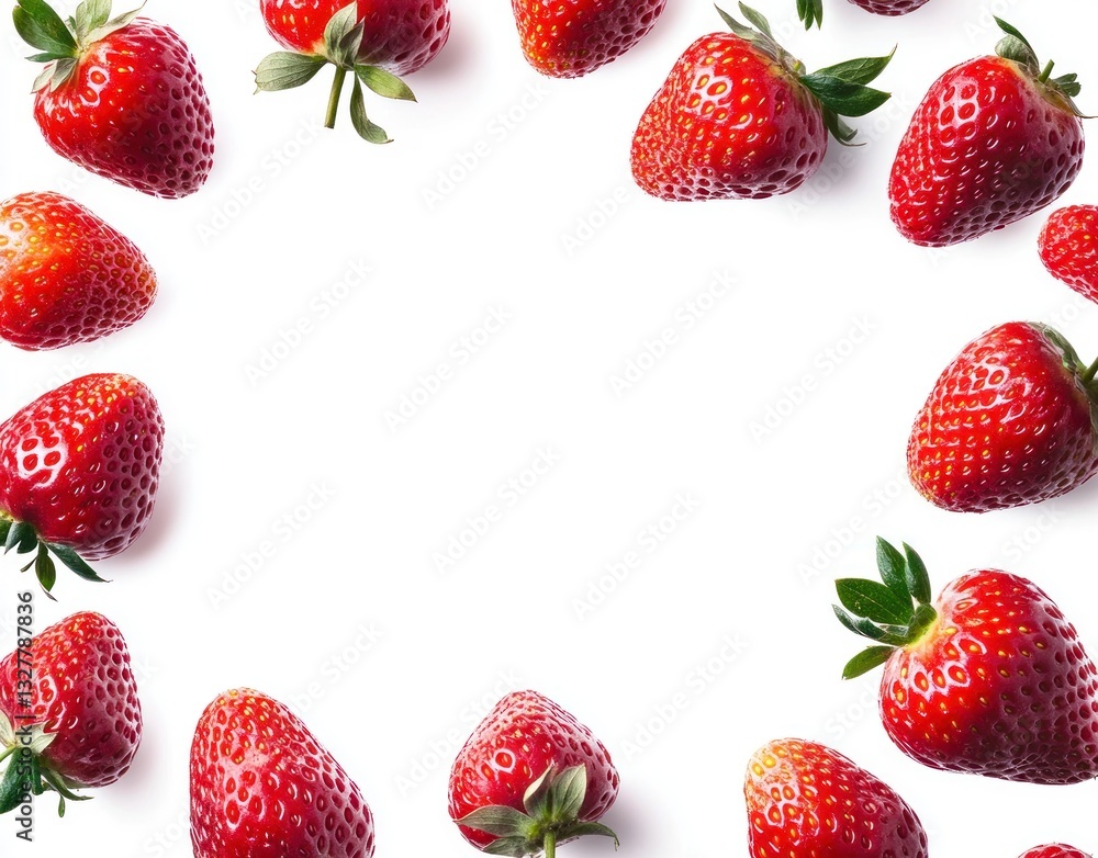 Fresh Strawberries Scattered on White Background Creating Space for Message Fresh Strawberries Scattered on White Background Creating Space for Message
