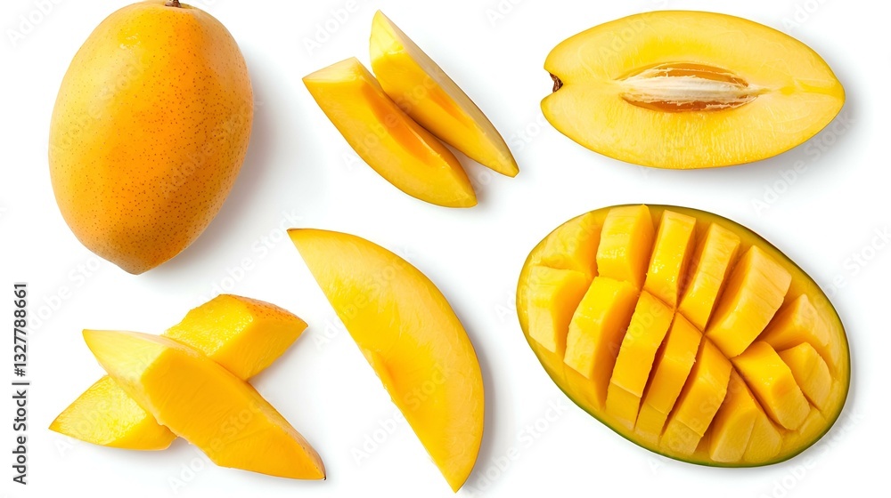 Fototapeta premium Mango fruit half with slices isolated on white