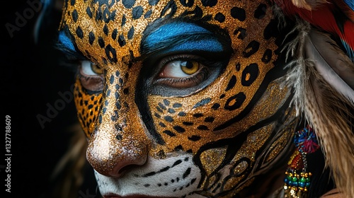 Vibrant jaguar face paint with feathers and beads - expressive animal-inspired art.