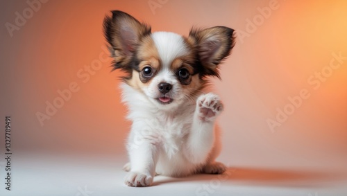 Itchy puppy Papillon in a background
