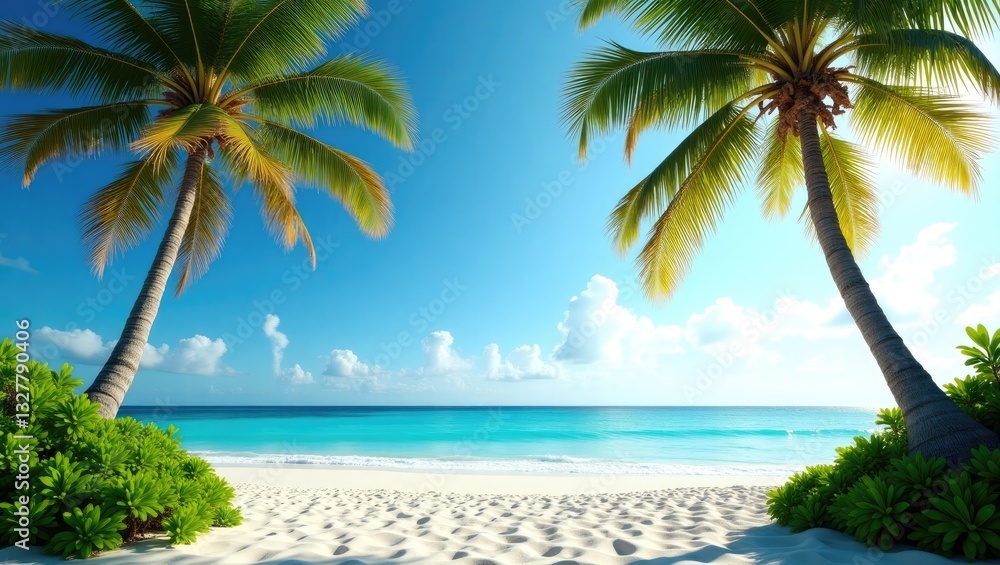 Fototapeta premium Summer scenery featuring palm trees and white sand beneath a blue sky on a sunny day. Beach perspective.