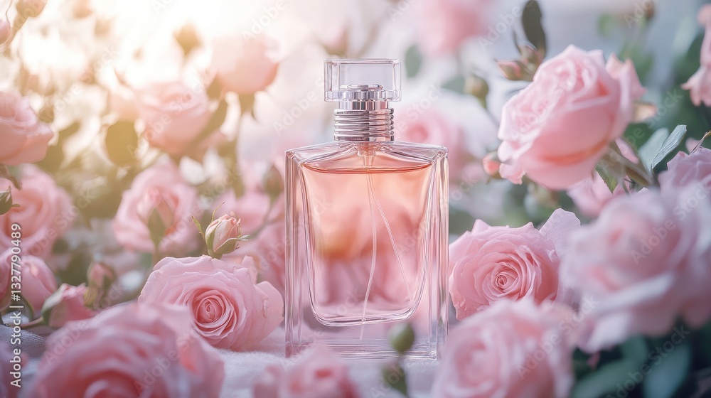 Elegant perfume bottle amidst a romantic setting of soft pink roses Elegant perfume bottle amidst a romantic setting of soft pink roses
