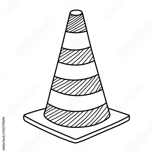 Traffic cone vector illustration. Road safety construction cone icon in doodle style. Black line art isolated on white background.