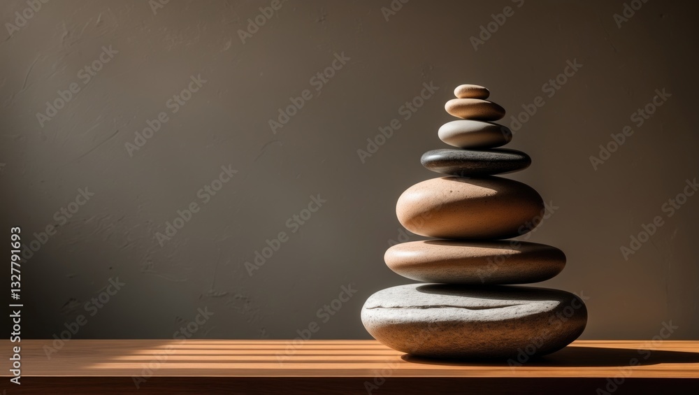 Obraz premium Stone sculpture on a warm wooden surface. dark background.