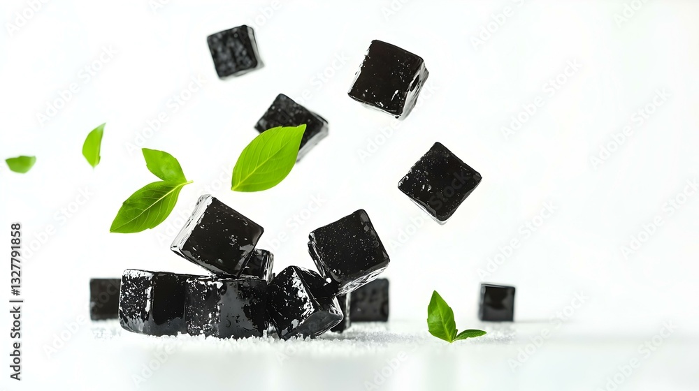 Tasty grass jelly cubes falling on white