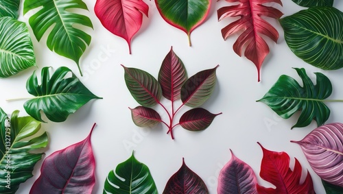 The assortment of green leaf. A collection of Tropical leaves. Green leave. Closeup of red leaf isolated on a white background in full depth of field with clipping path, Clipping mask All Items. Re...