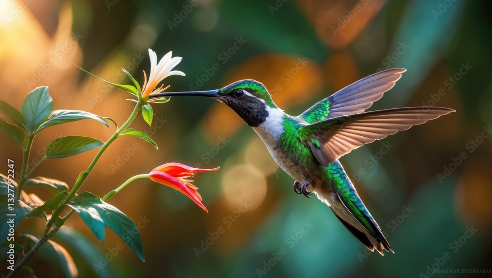 Fototapeta premium Sword-billed Hummingbird, a well-known hummingbird with a long beak found in the Andean slopes of South America, reserve