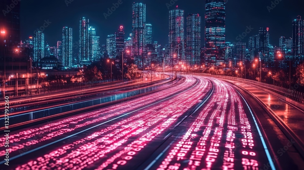 Fototapeta premium Night city highway, glowing code streaks