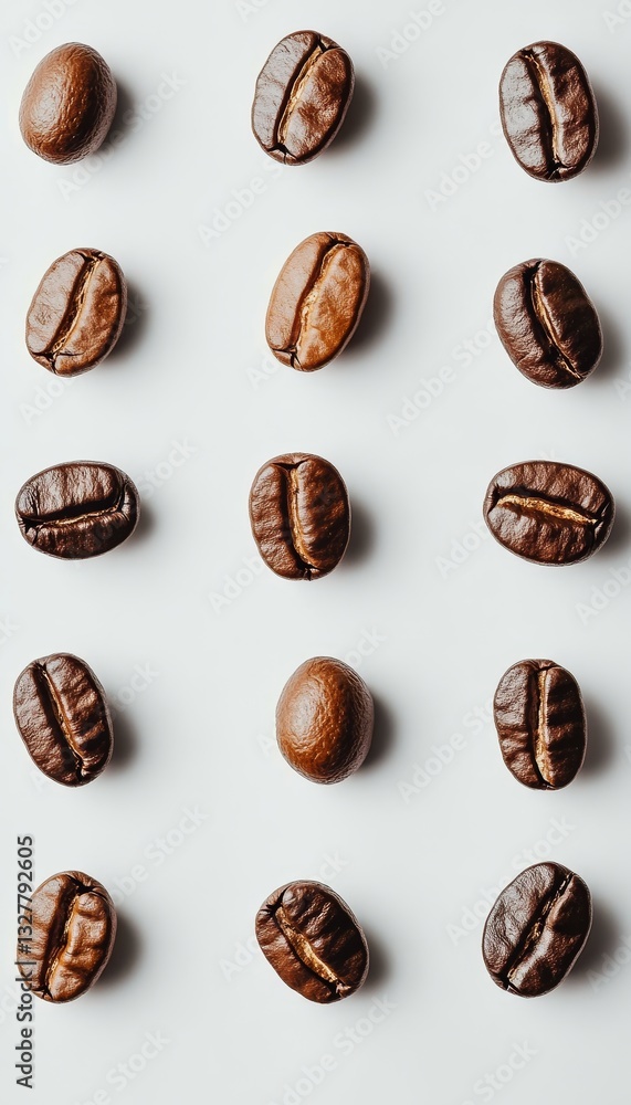 Freshly Roasted Diverse Coffee Beans Pattern on Seamless White Backdrop, Overhead View Freshly Roasted Diverse Coffee Beans Pattern on Seamless White Backdrop, Overhead View