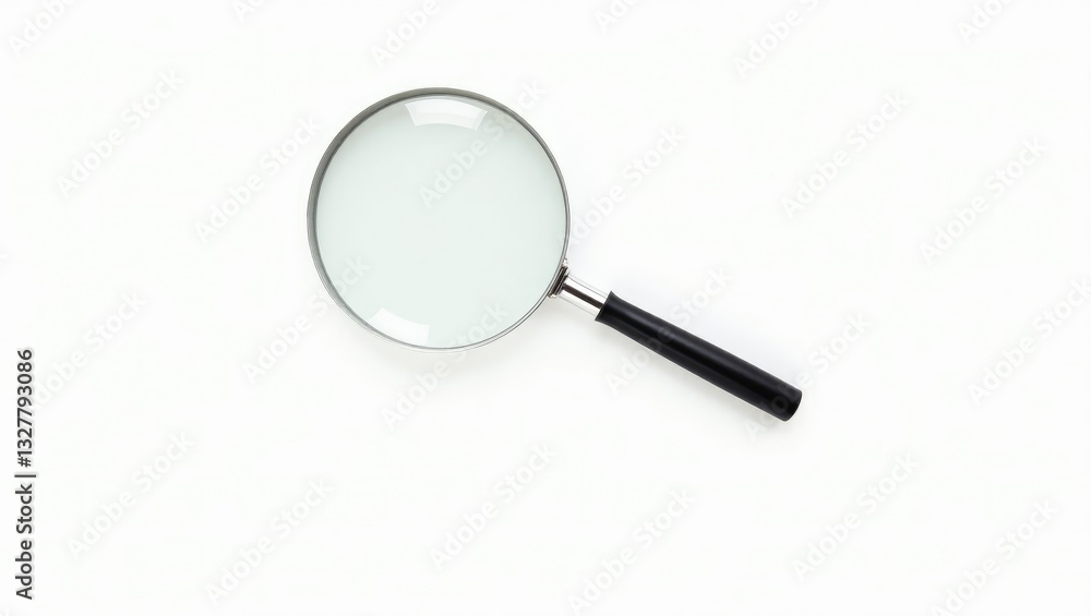 One magnifying glass placed on a white isolated background, viewed from above. One magnifying glass placed on a white isolated background, viewed from above.