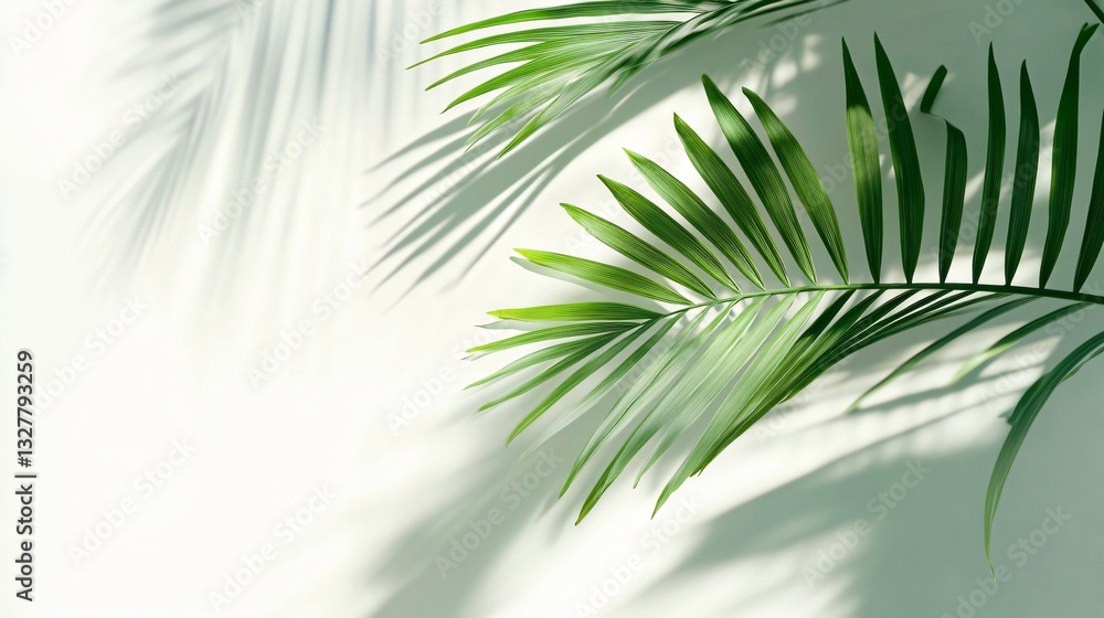 Fototapeta premium Lush green palm leaves cast elegant shadows against a light background, creating a serene and tropical ambiance.