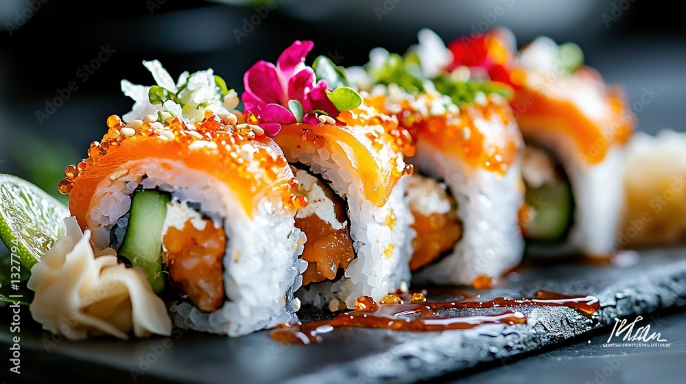 A black plate topped with sushi covered in sauce and garnished with cucumbers and garnishes A black plate topped with sushi covered in sauce and garnished with cucumbers and garnishes