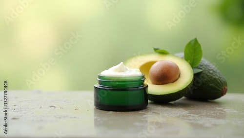 Natural cosmetic. A small round container with cream for face and body skincare alongside a fresh avocado on a light backdrop. Selective focus.