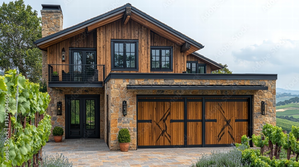 Rustic Charm: Captivating exterior of a luxury home. The home exhibits a blend of wood and stone, with a modern touch. Rustic Charm: Captivating exterior of a luxury home. The home exhibits a blend of wood and stone, with a modern touch.