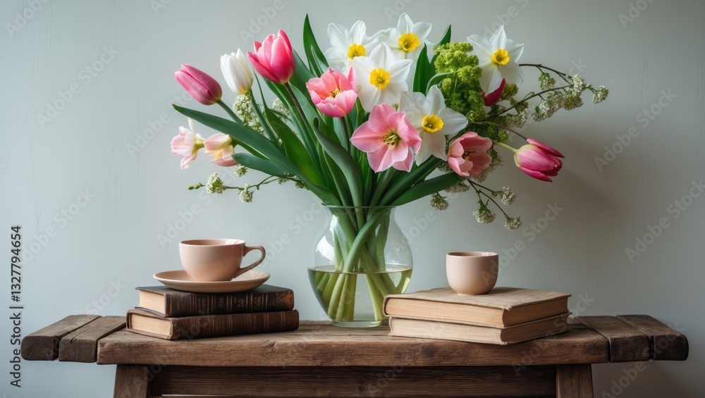 Moody spring still life featuring a composition on a wooden bench or table with a cup of coffee or tea and vintage books. An attractive floral bouquet containing tulips, daffodils, hawthorn, and gr... Moody spring still life featuring a composition on a wooden bench or table with a cup of coffee or tea and vintage books. An attractive floral bouquet containing tulips, daffodils, hawthorn, and gr...