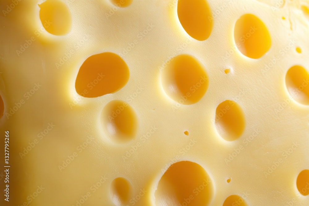 Close-up of Swiss cheese with large holes and a smooth, yellow surface. Close-up of Swiss cheese with large holes and a smooth, yellow surface.