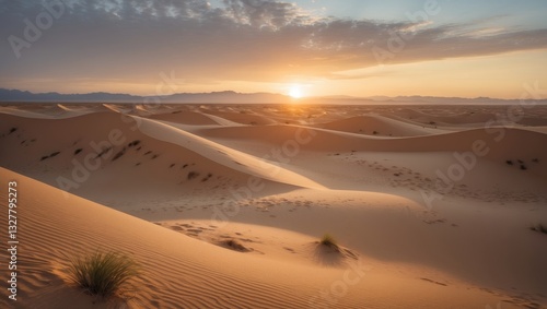 Fototapeta Naklejka Na Ścianę i Meble -  Sunset above the sand dunes in the desert.