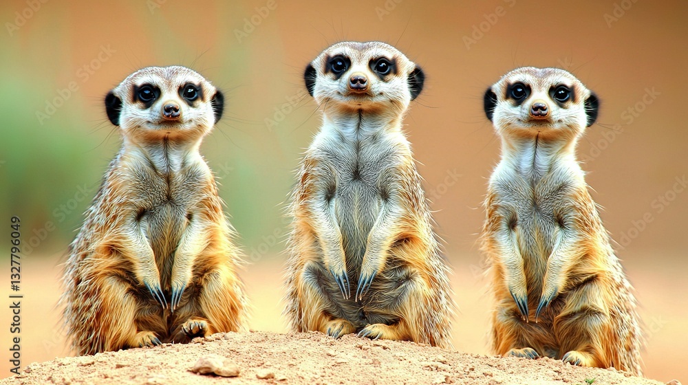Fototapeta premium Three meerkats standing together on a hill with blurry background
