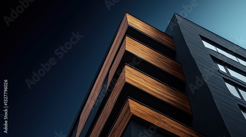 A stunning close-up of an apartment building featuring dark charcoal exterior walls and rich teak wood panels