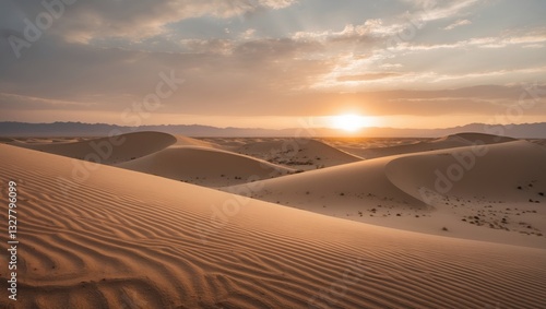 Fototapeta Naklejka Na Ścianę i Meble -  Sunset above the sand dunes in the desert.