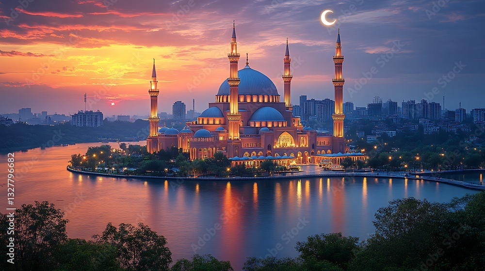 Obraz premium Grand Mosque with Minarets Glowing at Sunset, Reflecting on Calm Waters