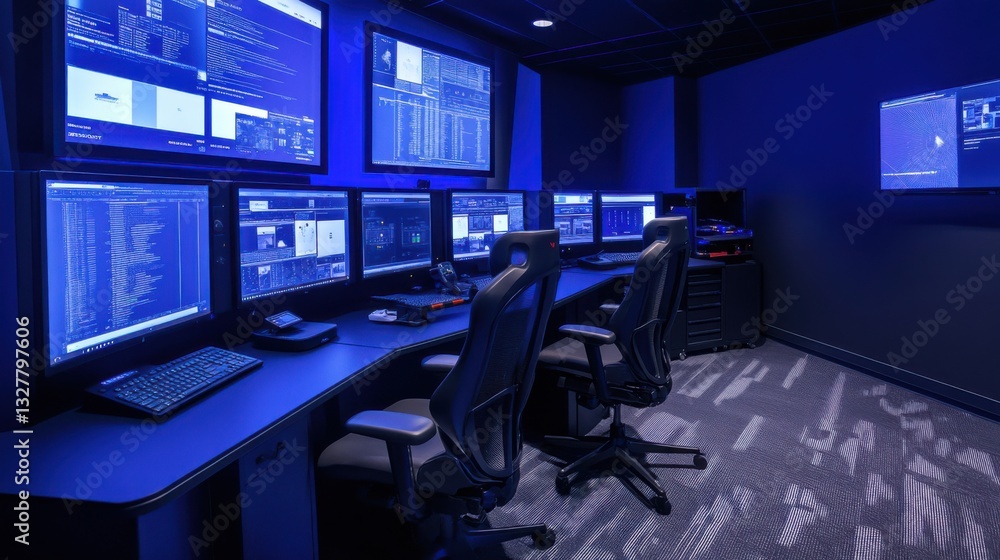 Innovative Control Room with High-Tech Monitors and Dark Ambience Innovative Control Room with High-Tech Monitors and Dark Ambience