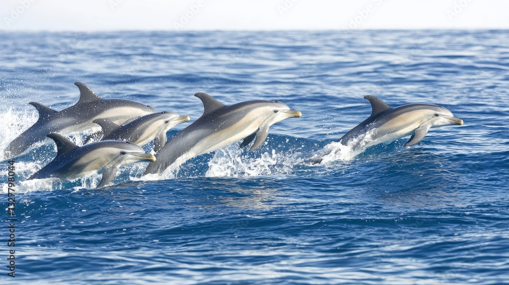 Fototapeta premium Dolphins Joyfully Leaping Over Sparkling Ocean Waves in Open Water