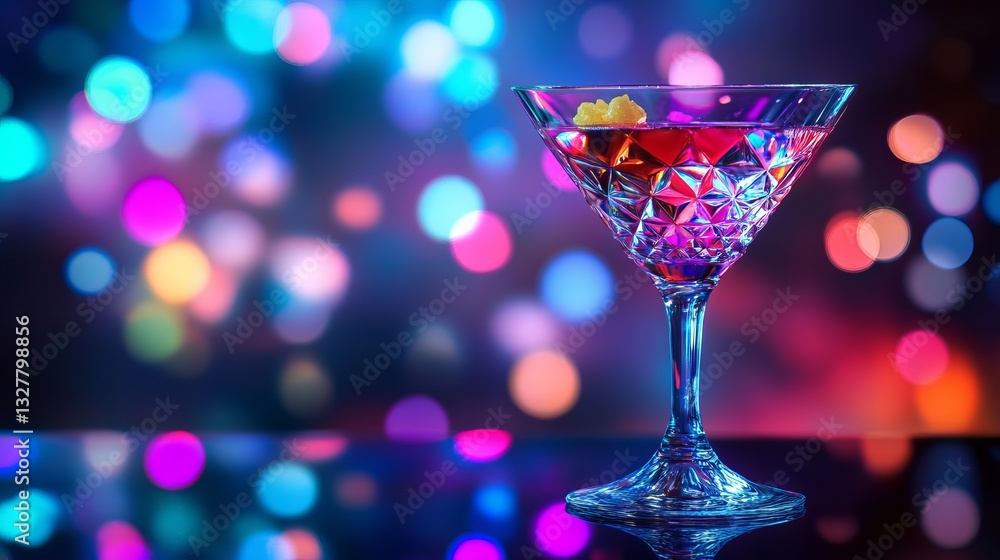 Obraz premium Elegant Crystal Martini Glass Cocktail Nightclub Purple Pink Blue Neon Lights Festive Drink Alcoholic Beverage Party Celebration Nightlife Shiny 