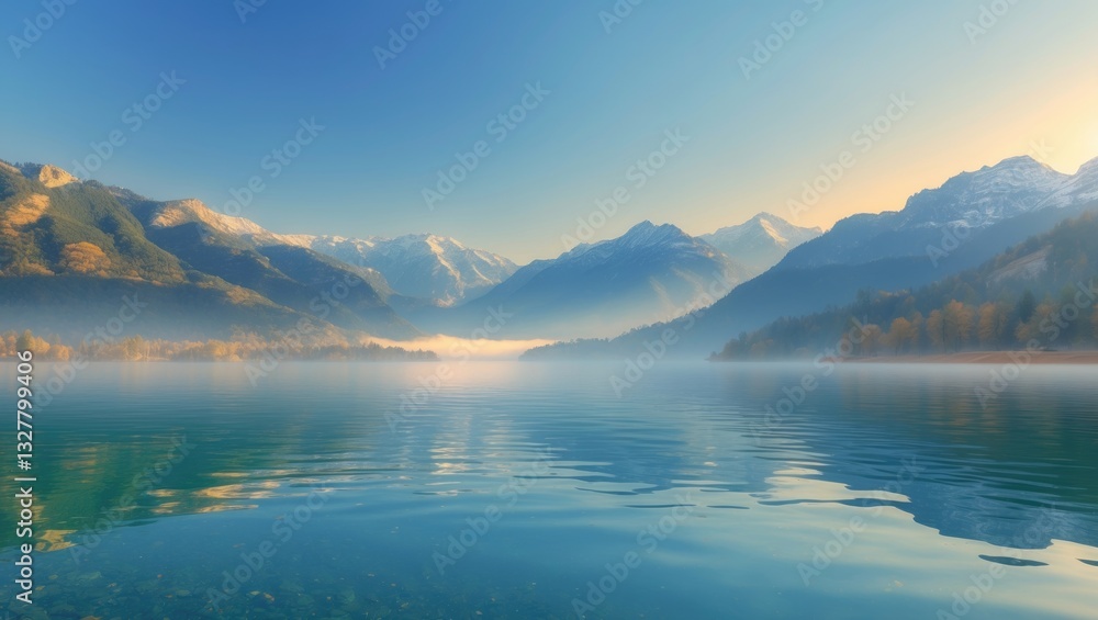 Panoramic view of the lake capturing the early morning atmosphere. Panoramic view of the lake capturing the early morning atmosphere.