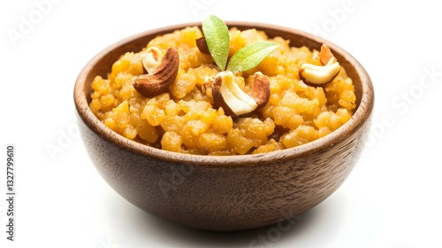 Sooji halwa bowl on white background