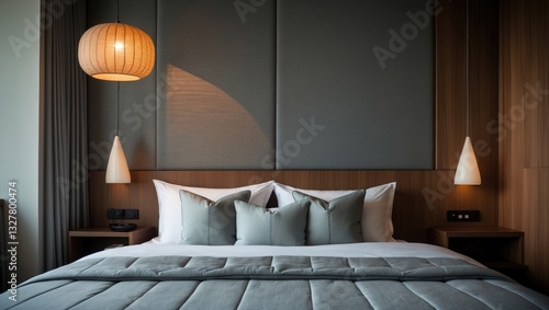 Wallpaper Mural A contemporary hotel room boasts soft gray bedding, ambient pendant lighting, and vertical wood accents, fostering a warm and inviting environment for relaxation. Torontodigital.ca