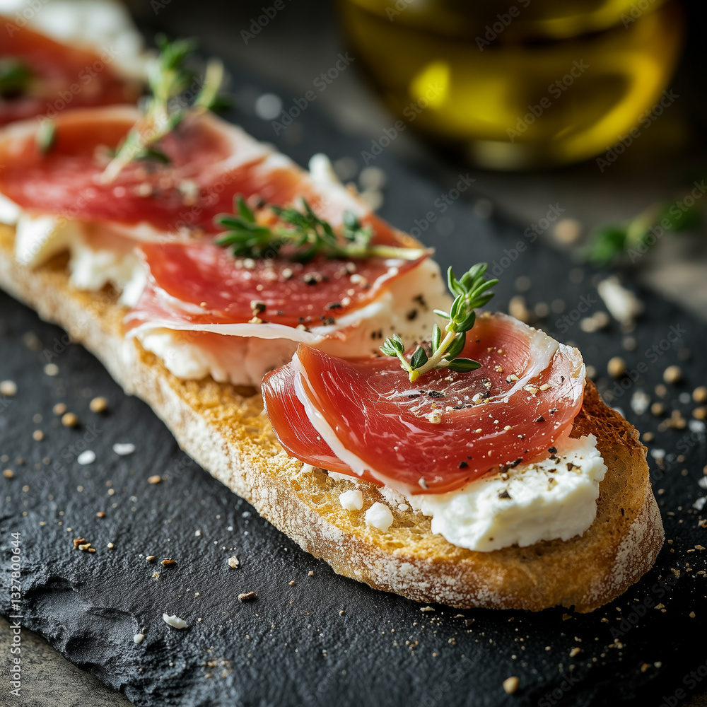 Tapas with jamon and goat cheese served on crusty bread Tapas with jamon and goat cheese served on crusty bread