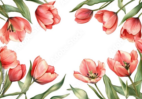 Wallpaper Mural Beautiful arrangement of pink tulip flowers with green leaves on a white background, perfect for spring decoration or floral design projects Torontodigital.ca