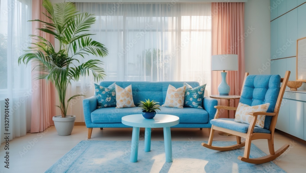 Palm on light blue, round table beside a rocking chair and sofa in a bright living room interior. Palm on light blue, round table beside a rocking chair and sofa in a bright living room interior.