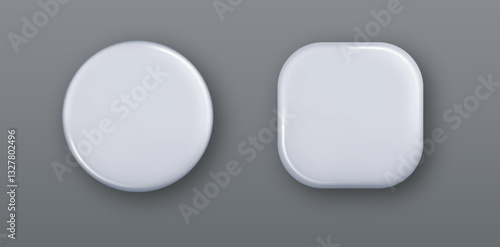 3d Realistic White buttons. Round and Square White blank empty Badge Isolated. Glossy surface template for branding. Mockup