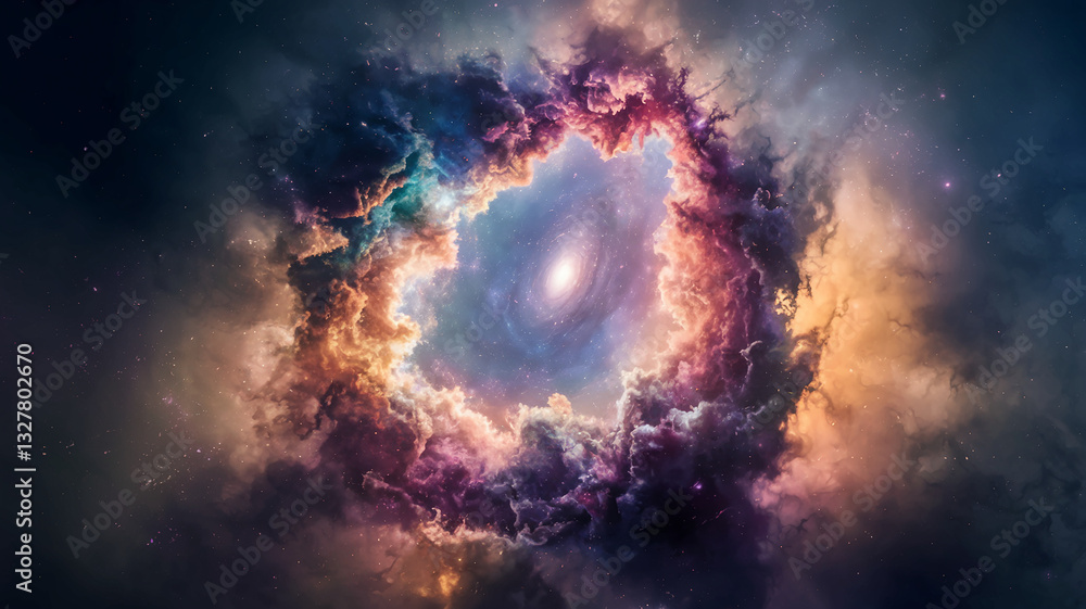 Fototapeta premium Cosmic clouds swirl, creating a vibrant, colorful nebula. A galaxy peeks through the central opening, symbolizing the vastness of space and celestial beauty