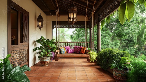 A peaceful veranda with terracotta tiled flooring